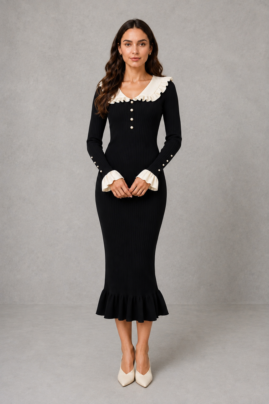 Fitted ribbed knit midi jumper dress with cream ruffle collar, pearl-effect buttons and ruffle hem - view 6