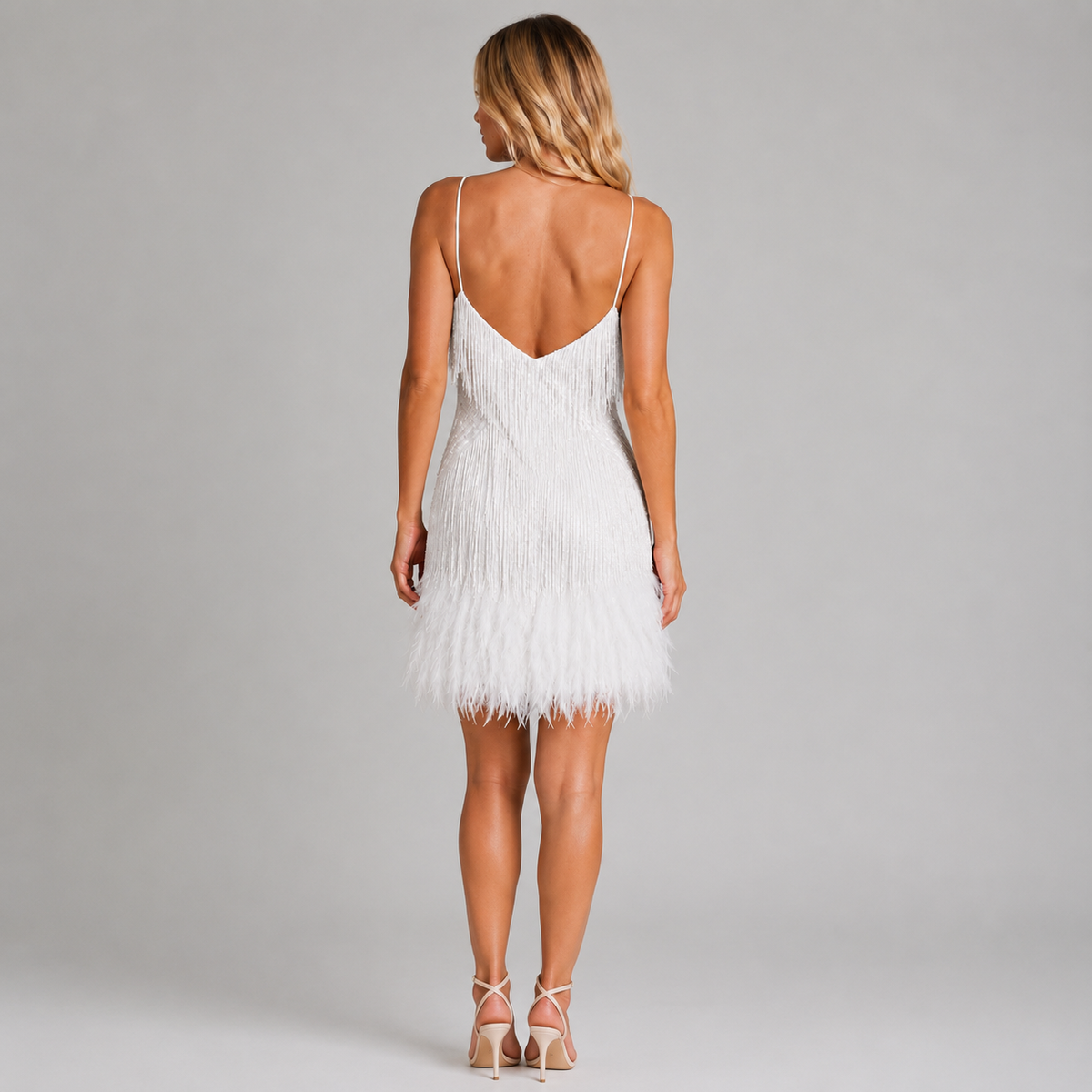 Sequin fringe mini dress with feather-look hem and spaghetti straps - view 3