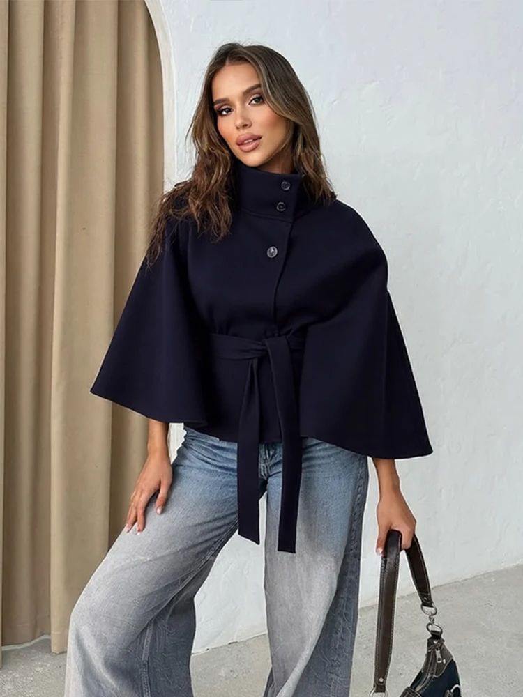 Women's Cape Coat with High Collar and Belt