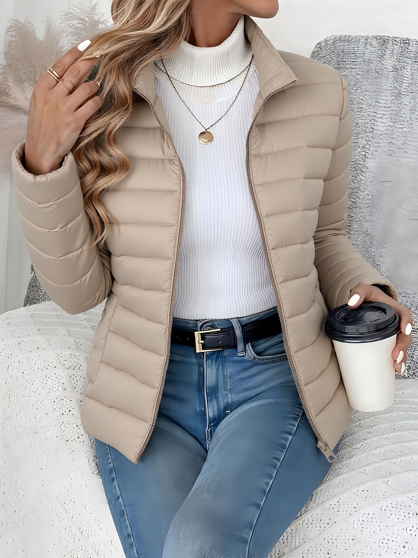 Women's Spring Slim-Fit Lightweight Warm Solid Color Jacket - Elegant, Stylish, and Versatile Beautiful Jacket - Stand Collar Zipper Long Sleeve - Casual Padded Polyester Fiber Cropped Coat - Seasonal Transition Jacket - High-Quality Classic Popular