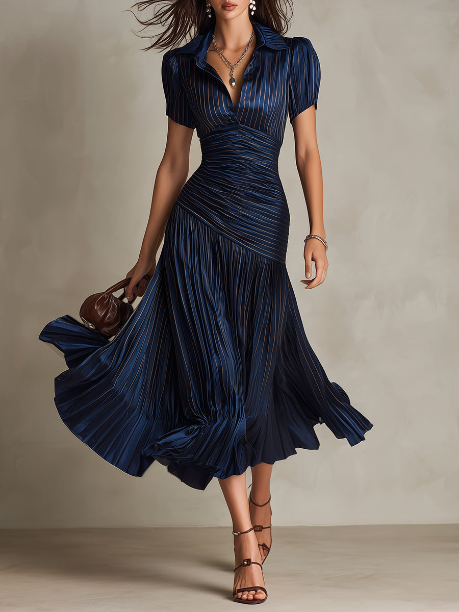 Eloise - Retro Striped Satin Midi Dress