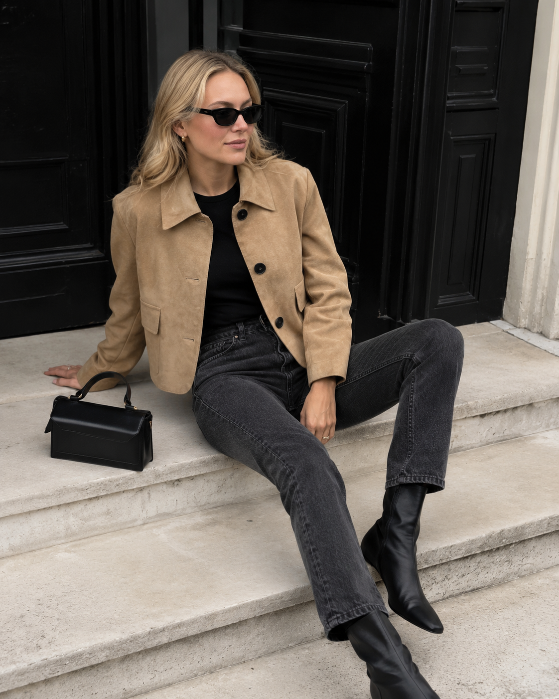 Fenella – Modern Camel Suede chic cut beige Jacket with Front Pockets