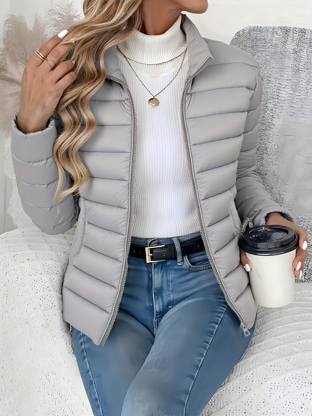Women's Spring Slim-Fit Lightweight Warm Solid Color Jacket - Elegant, Stylish, and Versatile Beautiful Jacket - Stand Collar Zipper Long Sleeve - Casual Padded Polyester Fiber Cropped Coat - Seasonal Transition Jacket - High-Quality Classic Popular