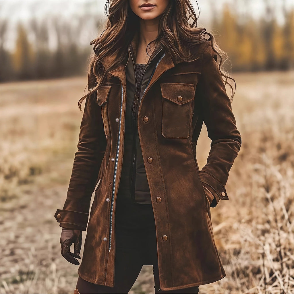 Women's Vintage Deerskin Coat, Mid-Length Lapel Jacket with Golden Tone Buttons, Warm Winter Coat Elegant Casual Semi-Formal, Suitable for Autumn and Winter, Durable Versatile Clothing, Classic Seasonal Wardrobe, Brown