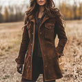 Women's Vintage Deerskin Coat, Mid-Length Lapel Jacket with Golden Tone Buttons, Warm Winter Coat Elegant Casual Semi-Formal, Suitable for Autumn and Winter, Durable Versatile Clothing, Classic Seasonal Wardrobe, Brown