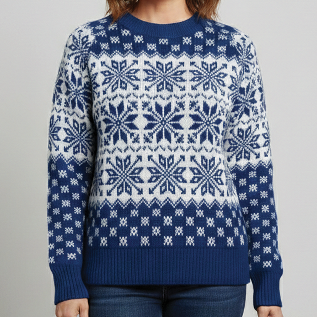 Women's snowflake knit Christmas jumper with crew neck and ribbed trims - view 3