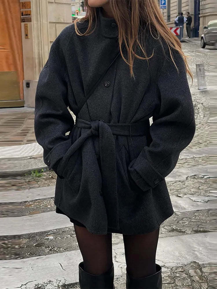 Flora belted funnel neck coat - front view