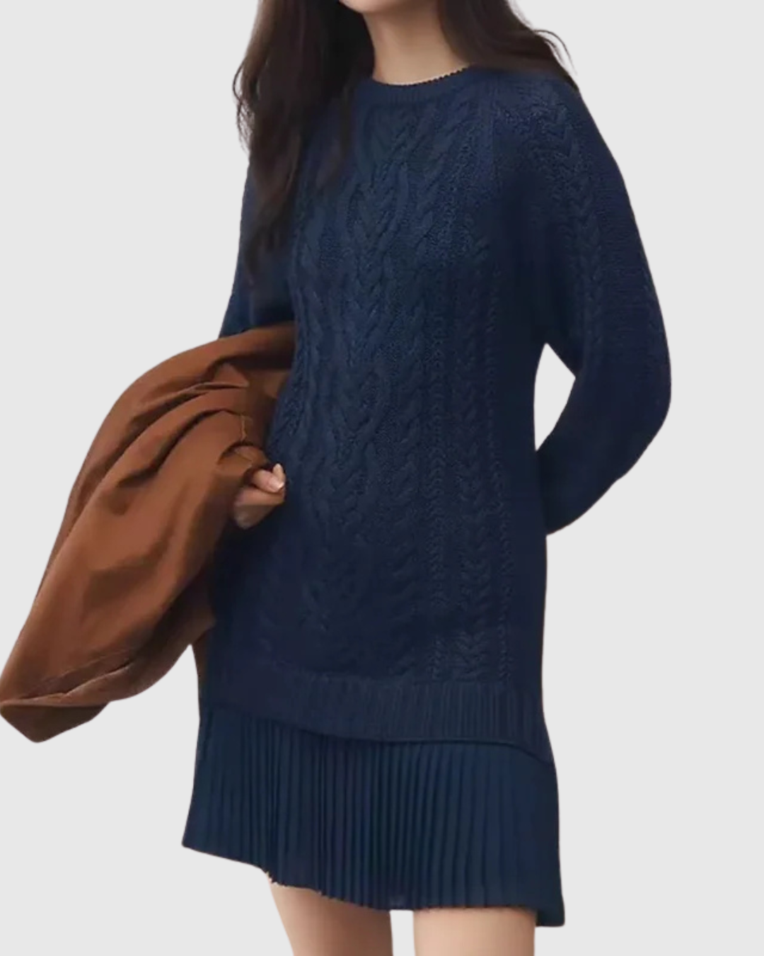 Woman wearing a cable knit jumper dress with a crew neck, long sleeves and pleated mini hem - view 10