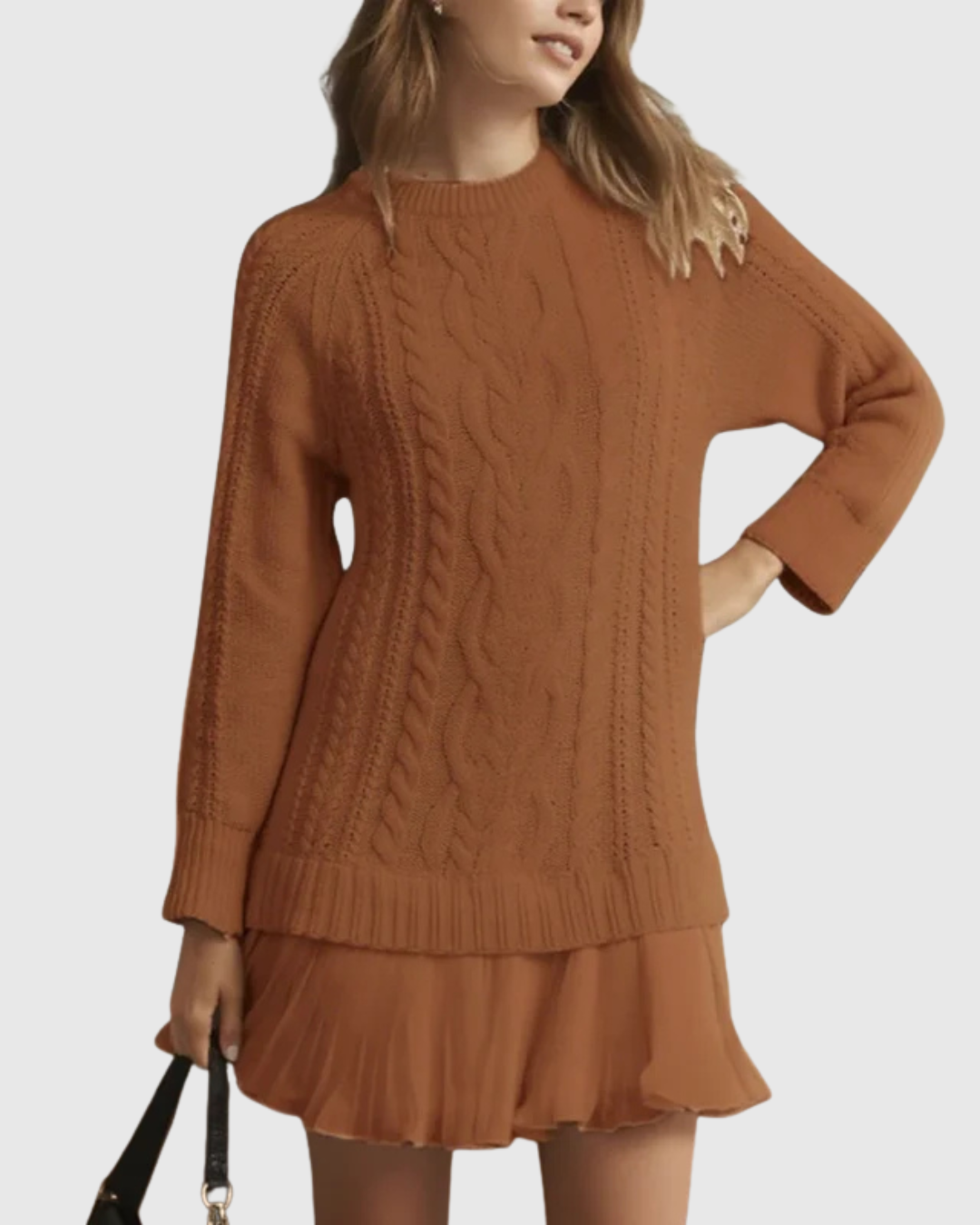 Woman wearing a cable knit jumper dress with a crew neck, long sleeves and pleated mini hem - view 8