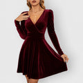 Velvet wrap V-neck long sleeve skater mini dress with puff shoulders