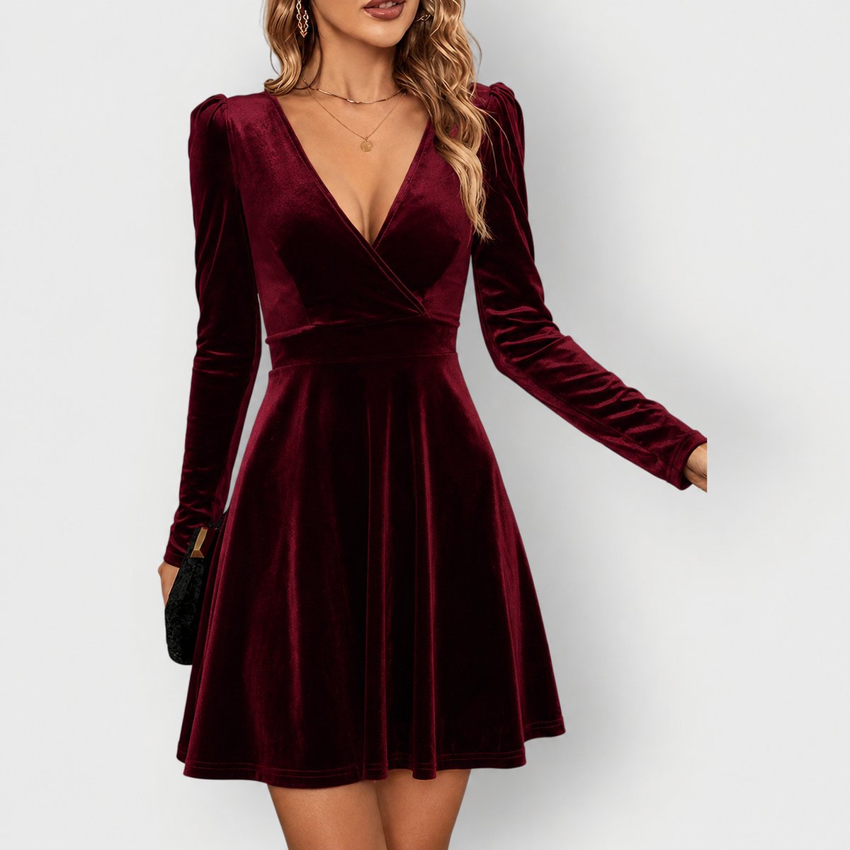 Velvet wrap V-neck long sleeve skater mini dress with puff shoulders - view 2