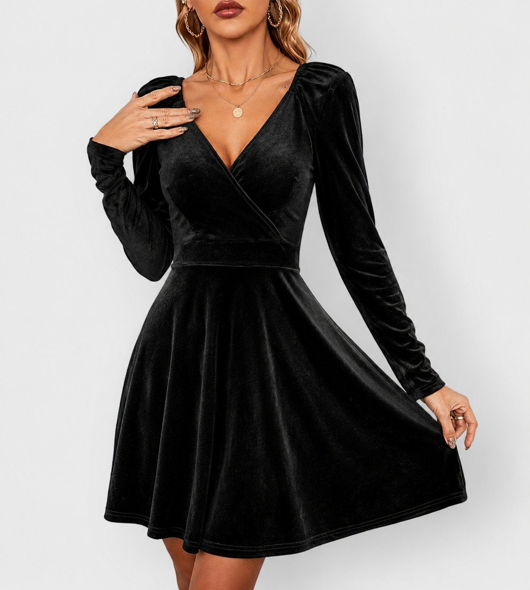 Velvet wrap V-neck long sleeve skater mini dress with puff shoulders - view 3