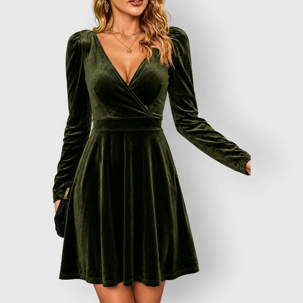 Velvet wrap V-neck long sleeve skater mini dress with puff shoulders - view 5