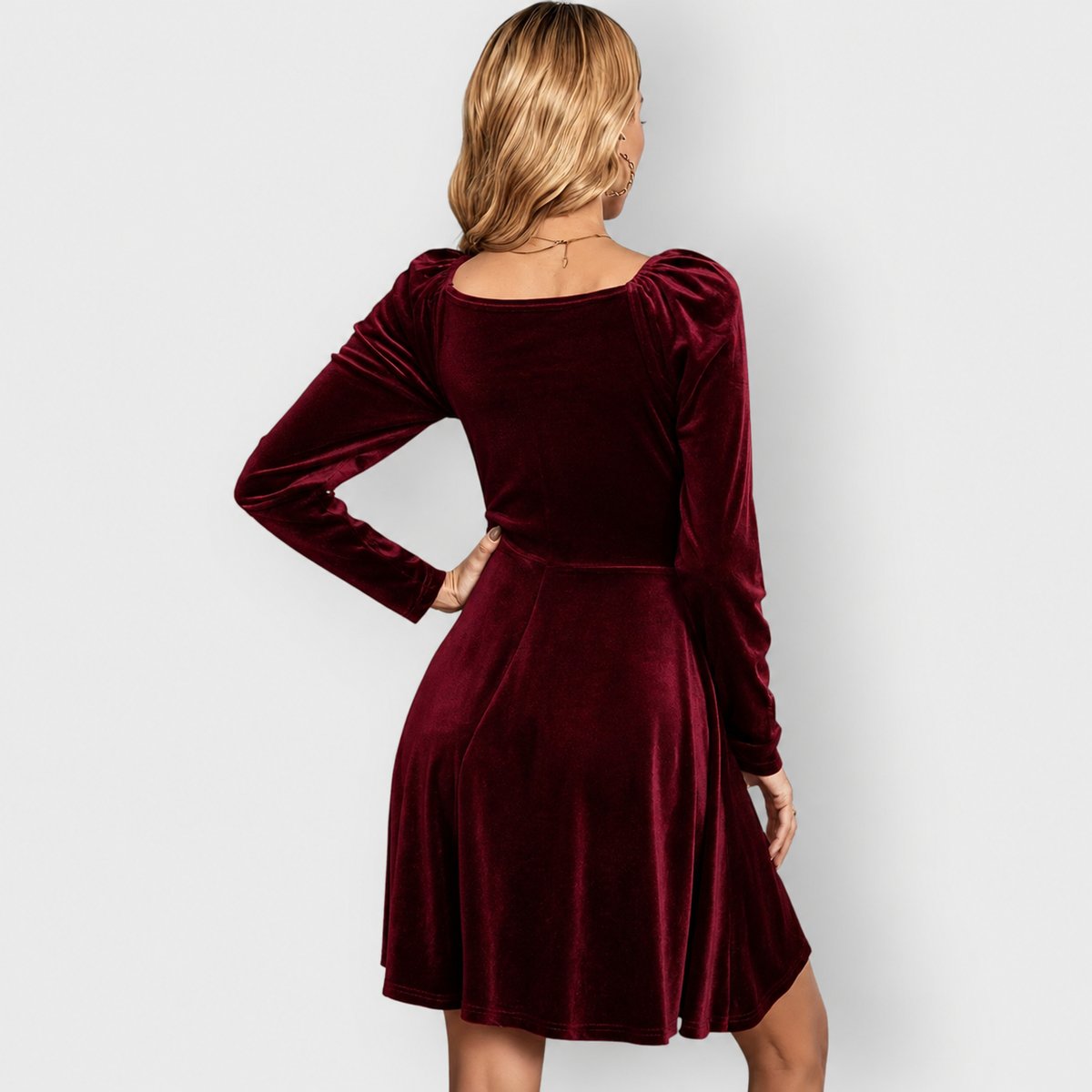 Velvet wrap V-neck long sleeve skater mini dress with puff shoulders - view 6