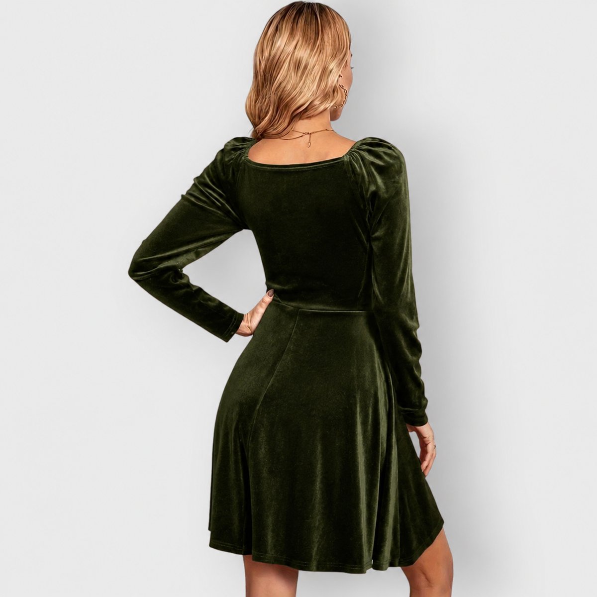 Velvet wrap V-neck long sleeve skater mini dress with puff shoulders - view 8