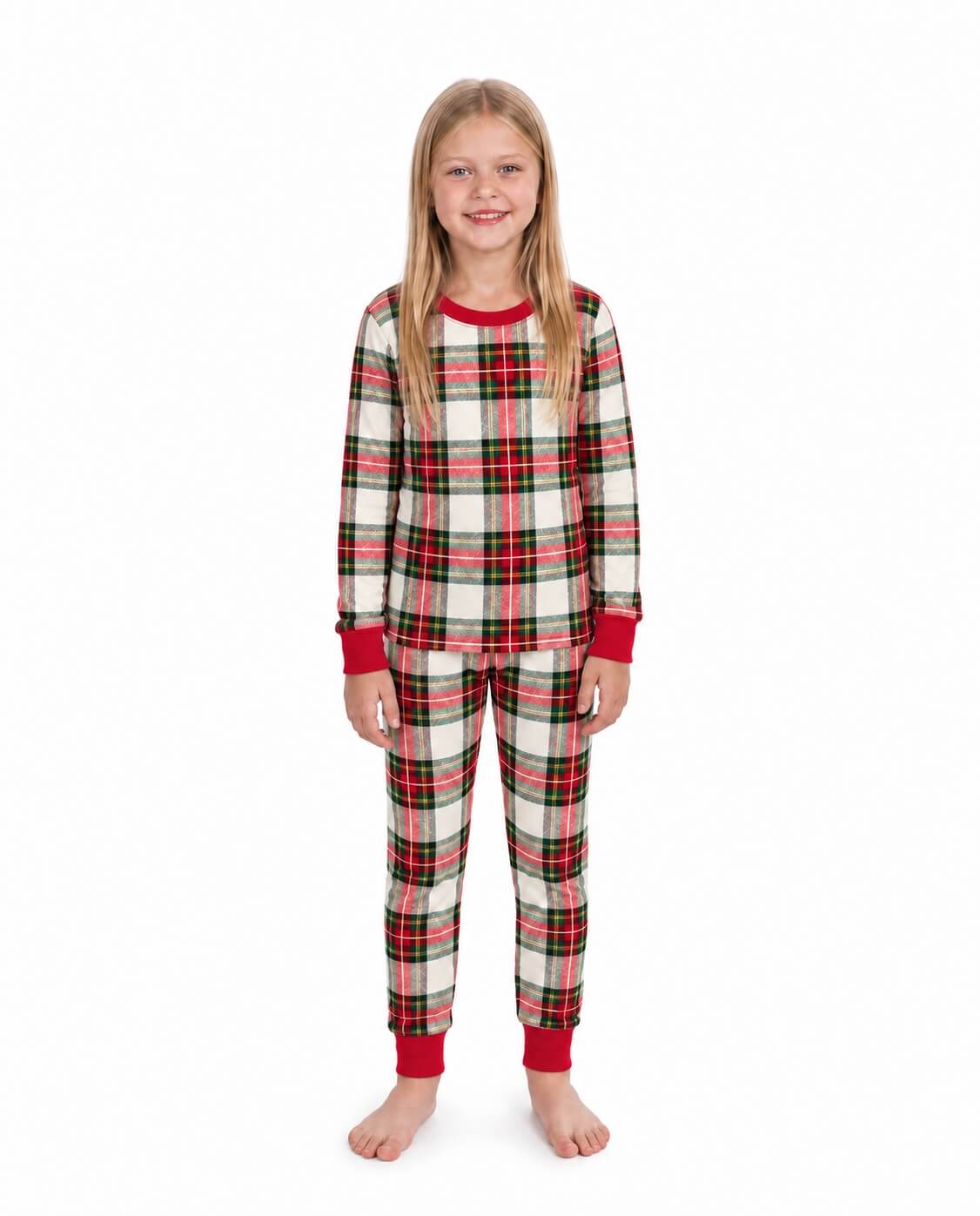 Family wearing matching red and cream tartan Christmas pyjamas with red ribbed cuffs - view 10