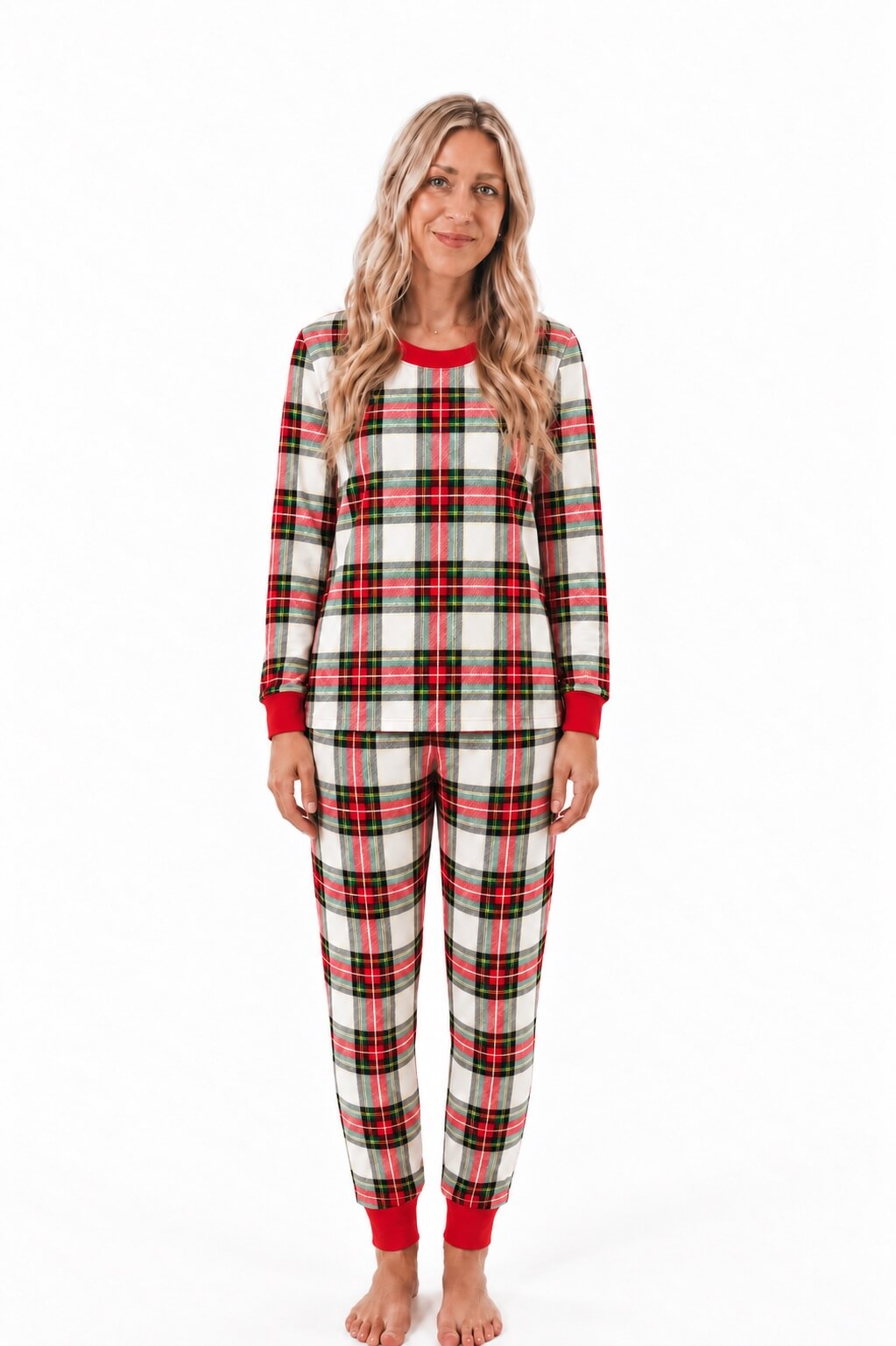 Family wearing matching red and cream tartan Christmas pyjamas with red ribbed cuffs - view 11