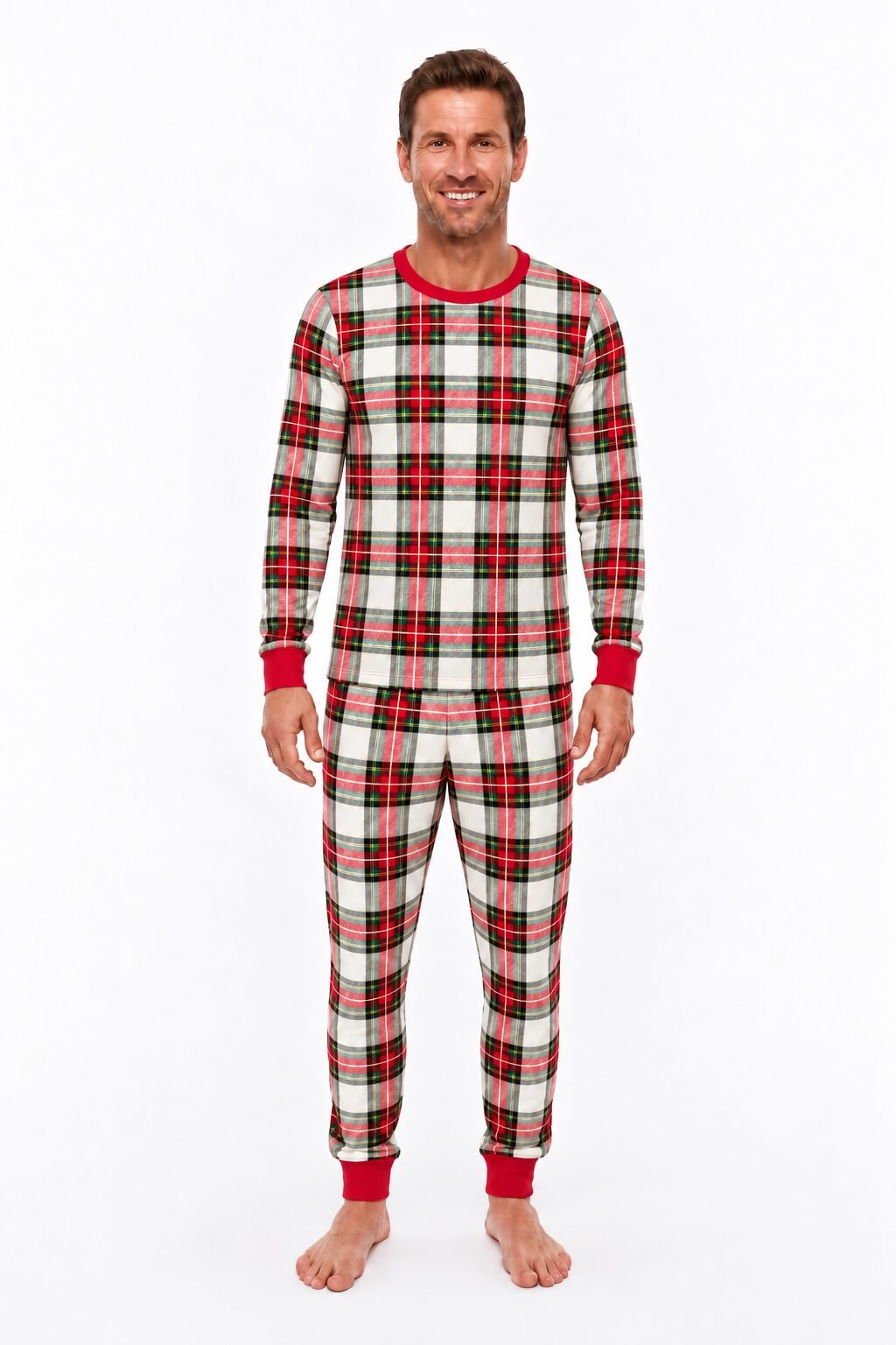 Family wearing matching red and cream tartan Christmas pyjamas with red ribbed cuffs - view 12