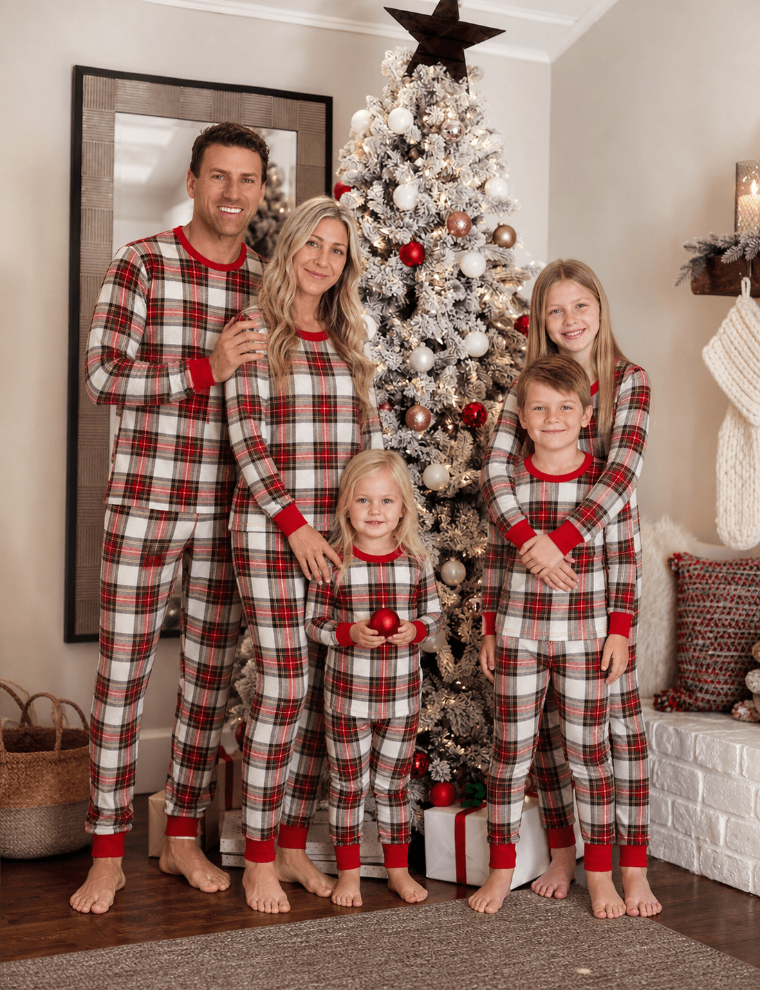 Family wearing matching red and cream tartan Christmas pyjamas with red ribbed cuffs - view 2