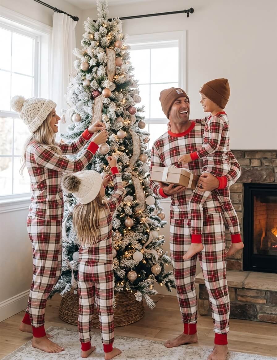 Family wearing matching red and cream tartan Christmas pyjamas with red ribbed cuffs - view 4