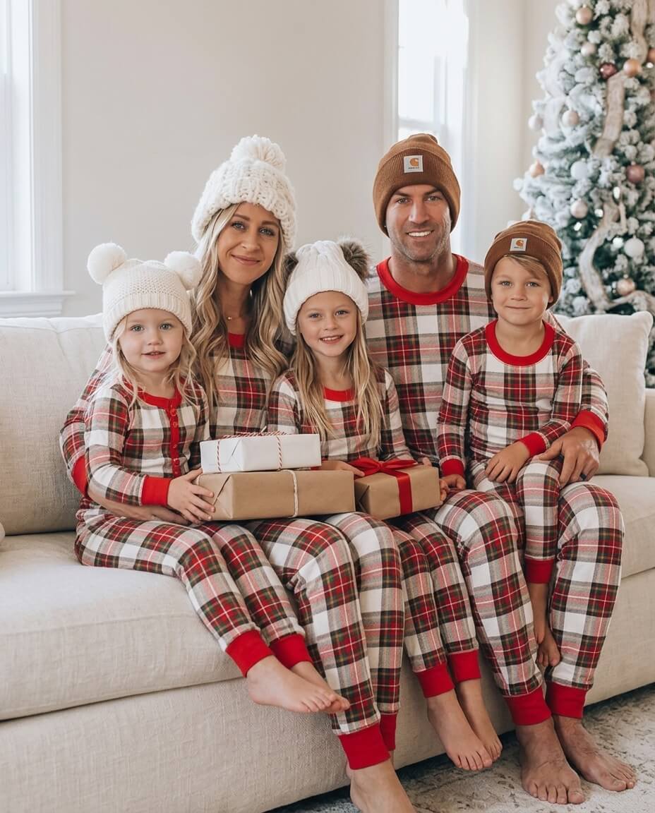 Family wearing matching red and cream tartan Christmas pyjamas with red ribbed cuffs - view 5