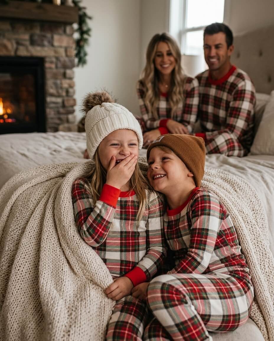 Family wearing matching red and cream tartan Christmas pyjamas with red ribbed cuffs - view 8