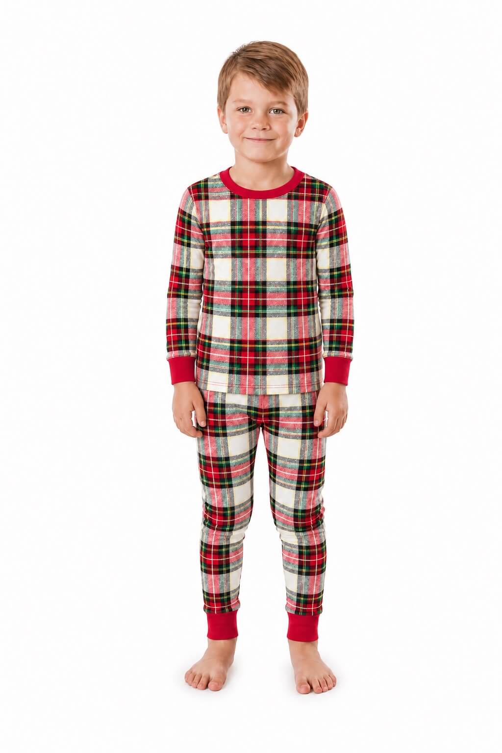 Family wearing matching red and cream tartan Christmas pyjamas with red ribbed cuffs - view 9