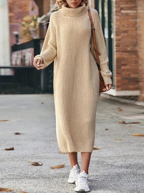 Ribbed roll neck midi jumper dress with long raglan sleeves