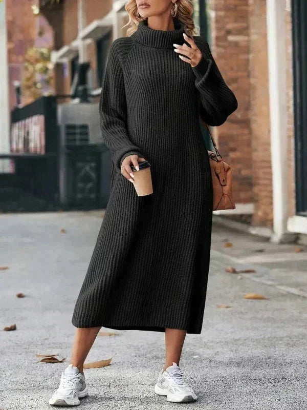 Ribbed roll neck midi jumper dress with long raglan sleeves - view 4