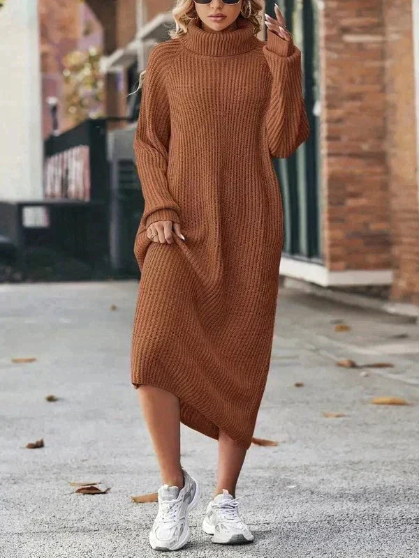 Ribbed roll neck midi jumper dress with long raglan sleeves - view 5