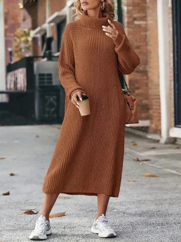 Ribbed roll neck midi jumper dress with long raglan sleeves - view 6