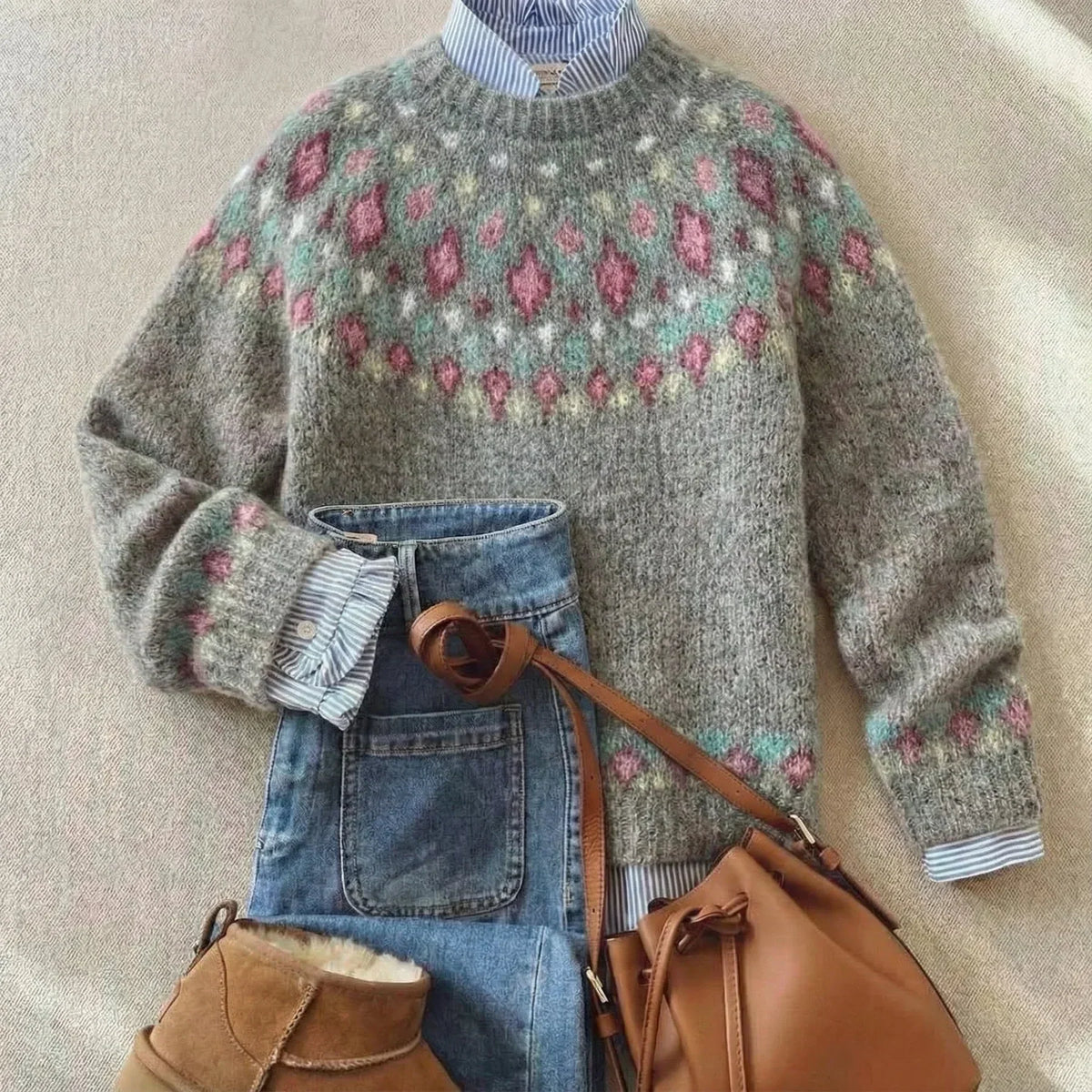 Nordic Fair Isle yoke jumper in brushed knit with crew neck - view 3