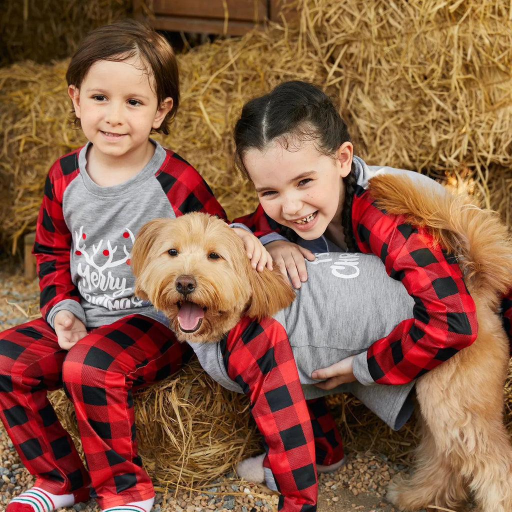 Matching family Christmas pajamas with gray reindeer antler Merry Christmas top, red buffalo plaid raglan sleeves and plaid pants - view 2