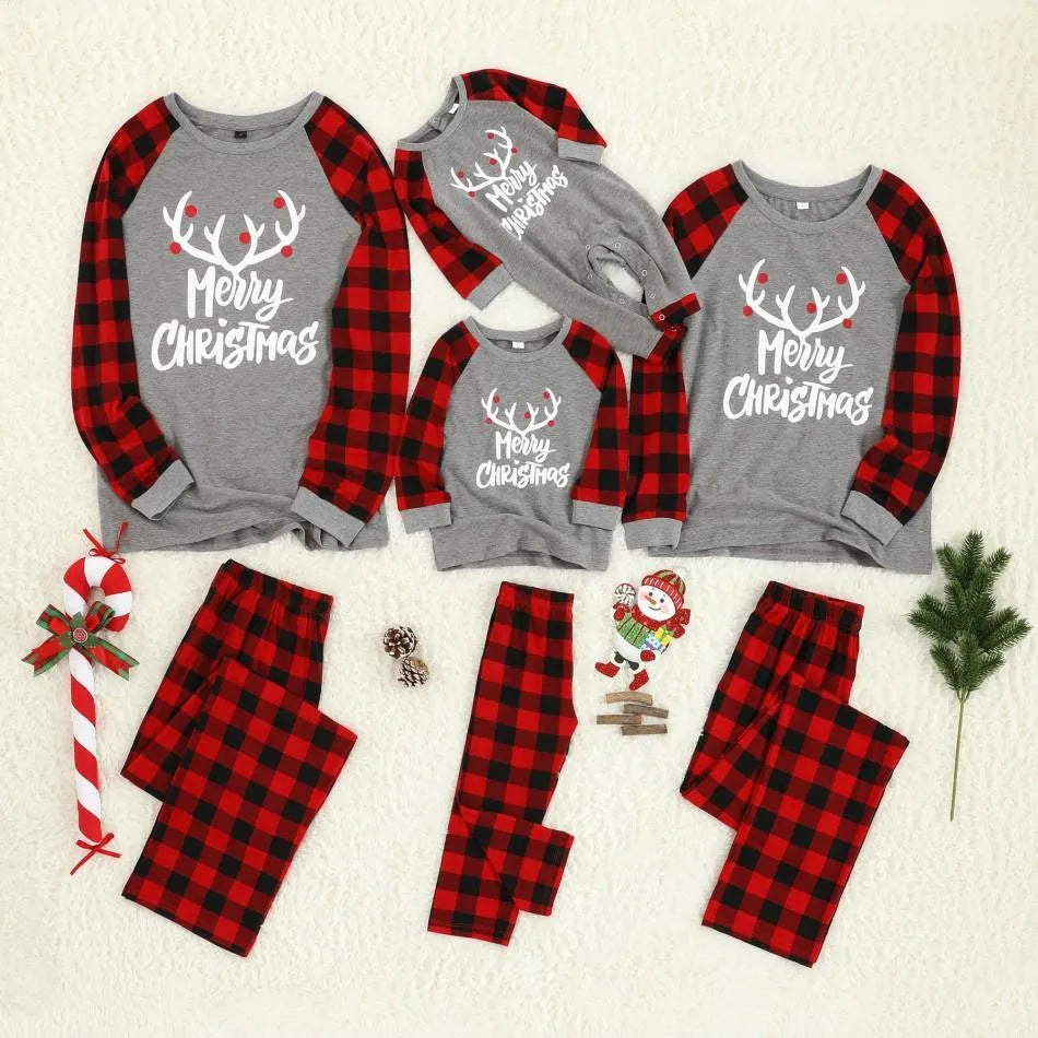 Matching family Christmas pajamas with gray reindeer antler Merry Christmas top, red buffalo plaid raglan sleeves and plaid pants - view 3