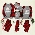 Matching family Christmas pajamas with gray reindeer antler Merry Christmas top, red buffalo plaid raglan sleeves and plaid pants - view 3
