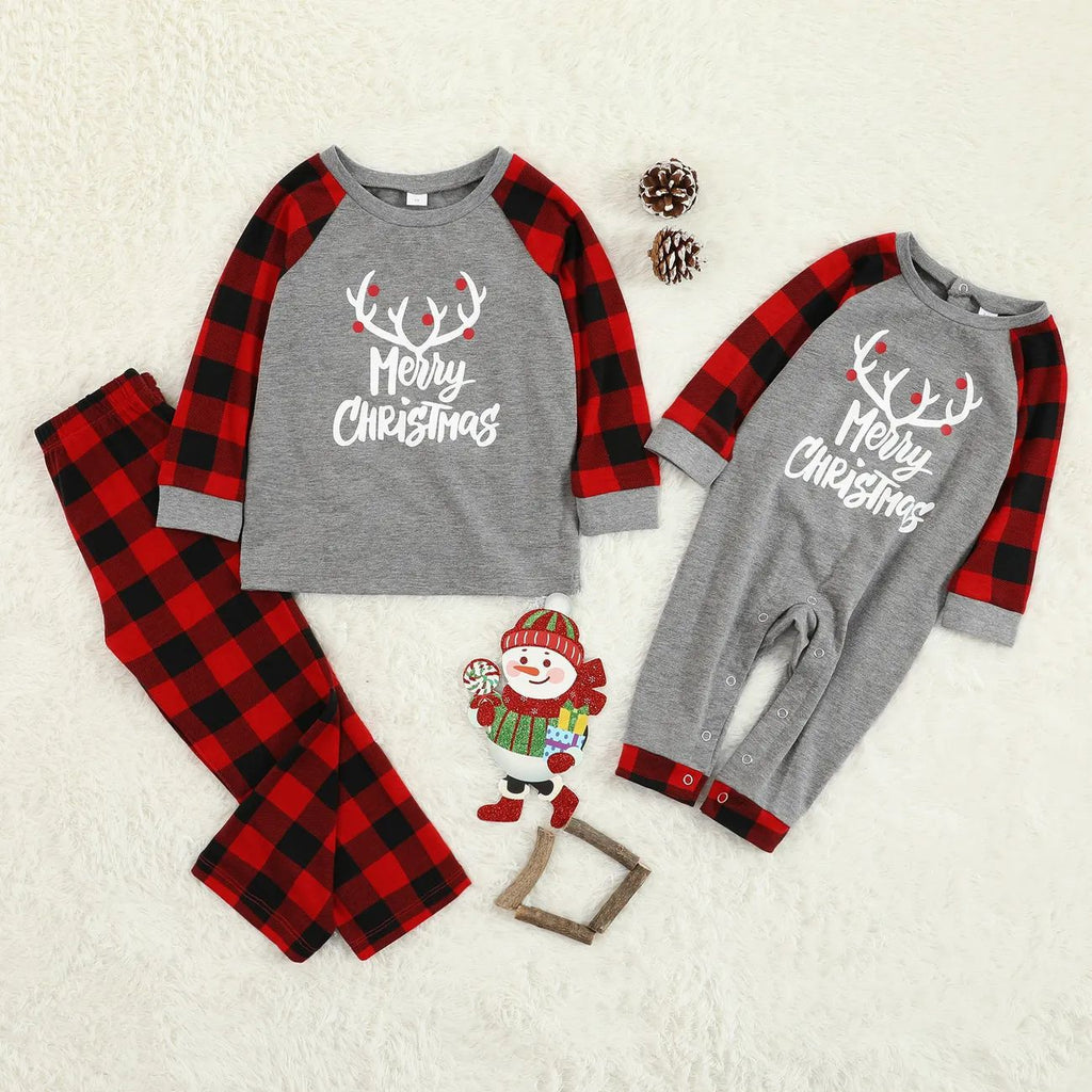 Matching family Christmas pajamas with gray reindeer antler Merry Christmas top, red buffalo plaid raglan sleeves and plaid pants - view 4