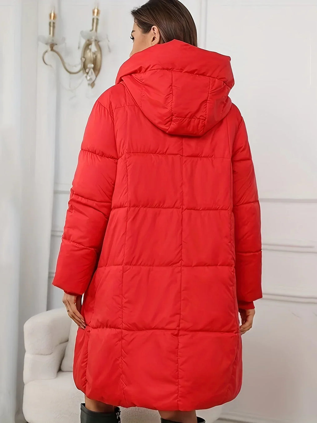 Women's Hooded Long Puffer Coat with Quilted Panels