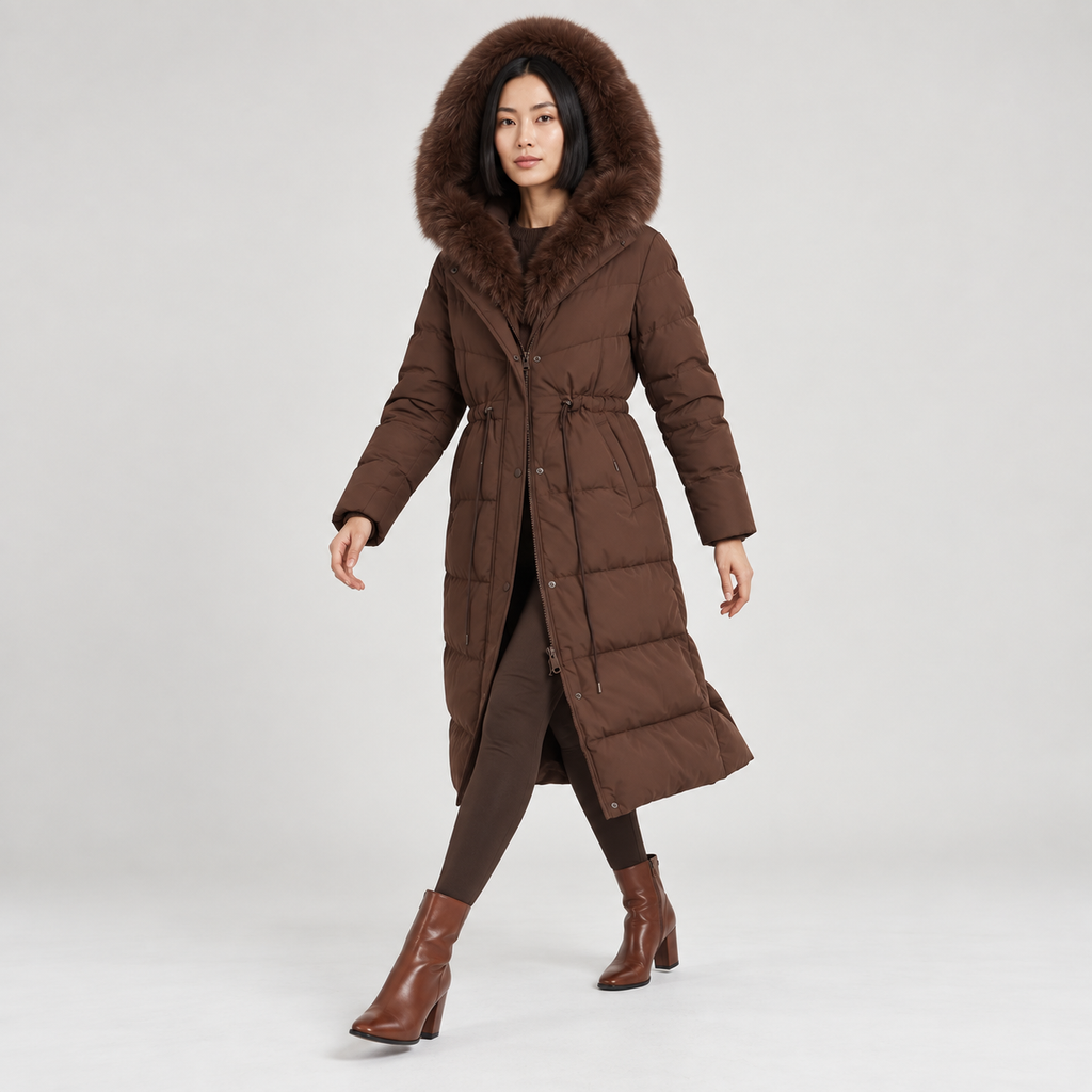 Celestine | Elegant Brown Puffer Coat for Women with Longline Shape & Faux-Fur Hood