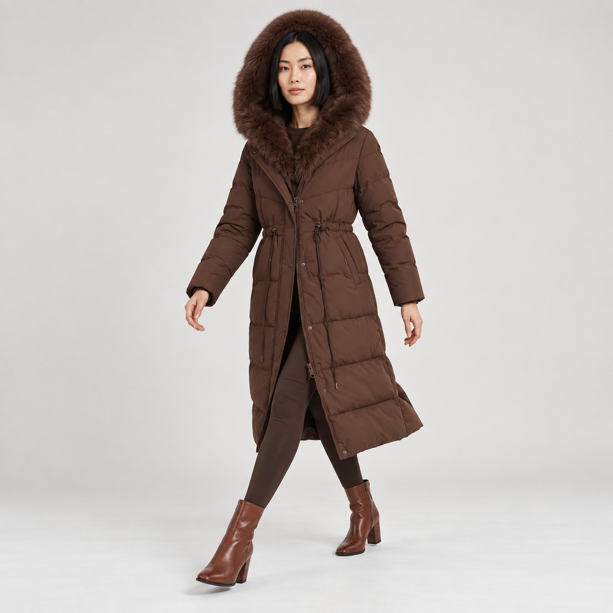 Celestine | Elegant Brown Puffer Coat for Women with Longline Shape & Faux-Fur Hood