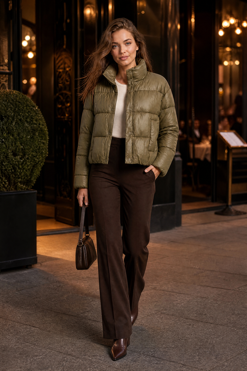 Olive Quilted High-Neck Puffer Jacket