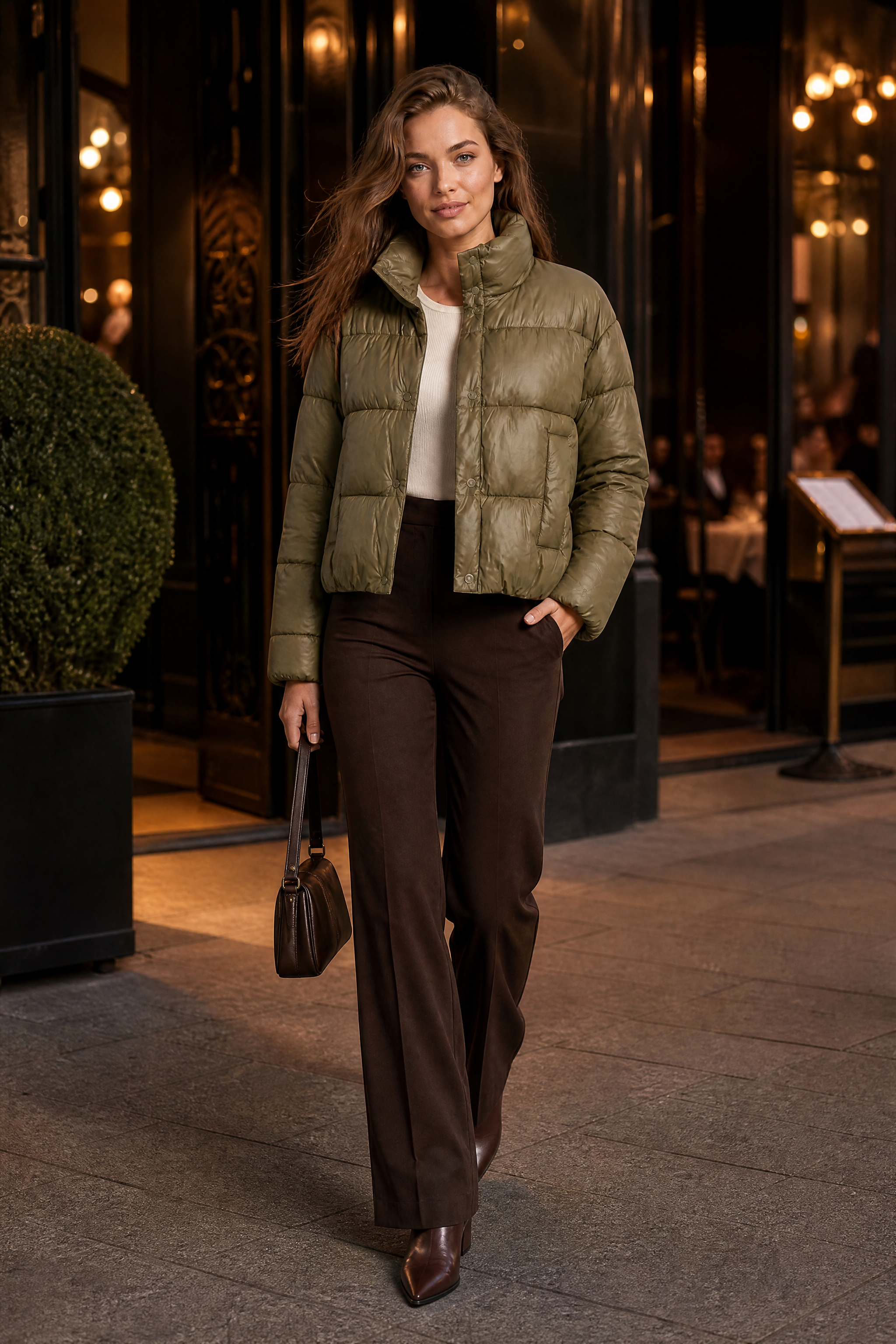 Olive Quilted High-Neck Puffer Jacket