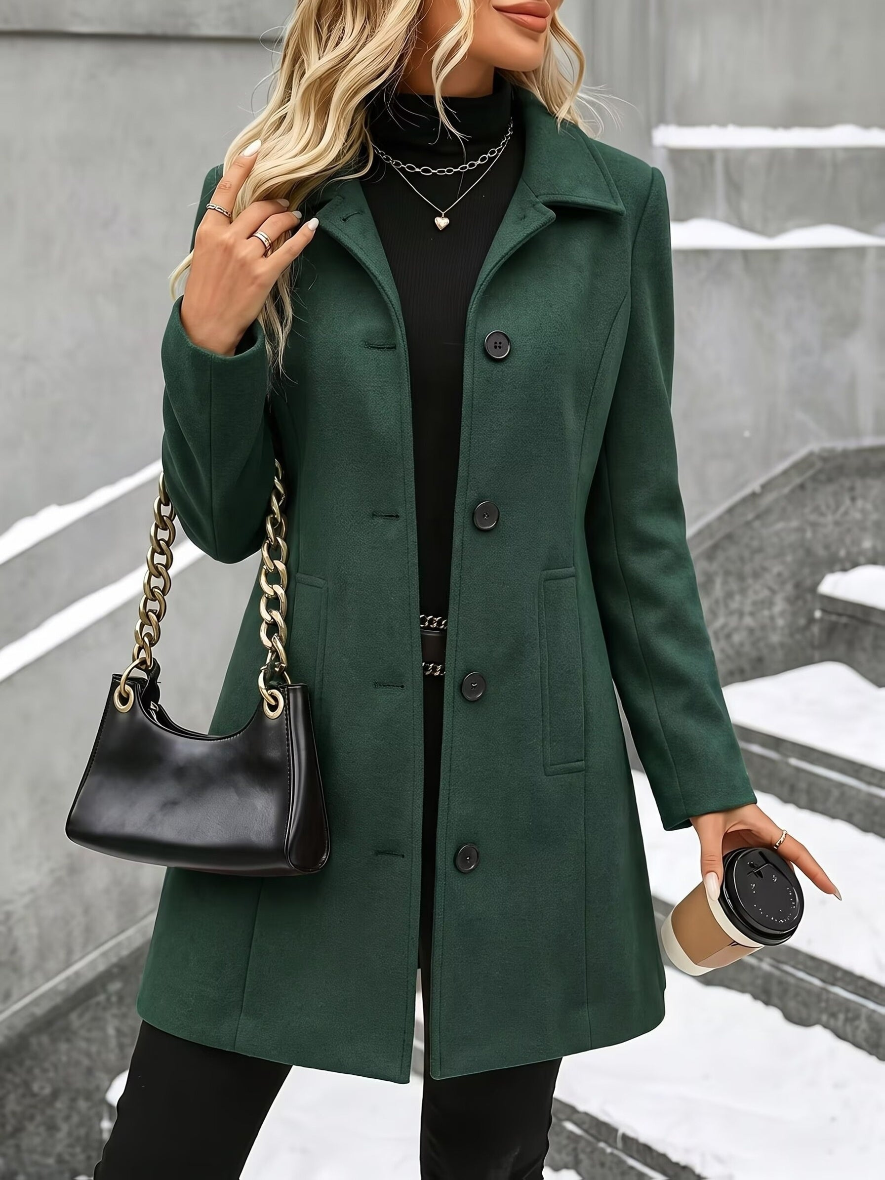 Fashion Women'S Elegant Tweed Coat Trendy Slim Solid Color Stand-Up Collar Tweed Overcoat