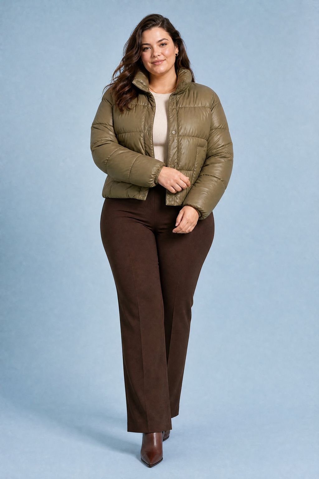 Olive Quilted High-Neck Puffer Jacket