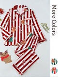 Long sleeve Christmas pyjama set with notch collar shirt and straight-leg trousers in festive gingerbread stripe print