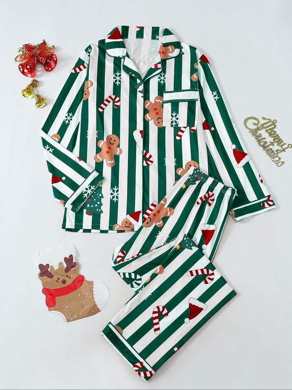 Long sleeve Christmas pyjama set with notch collar shirt and straight-leg trousers in festive gingerbread stripe print - view 2