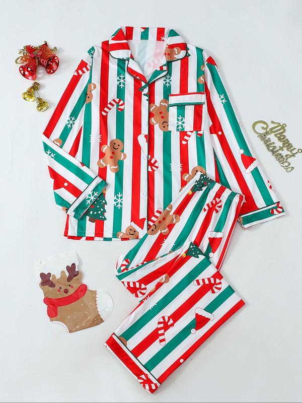 Long sleeve Christmas pyjama set with notch collar shirt and straight-leg trousers in festive gingerbread stripe print - view 3