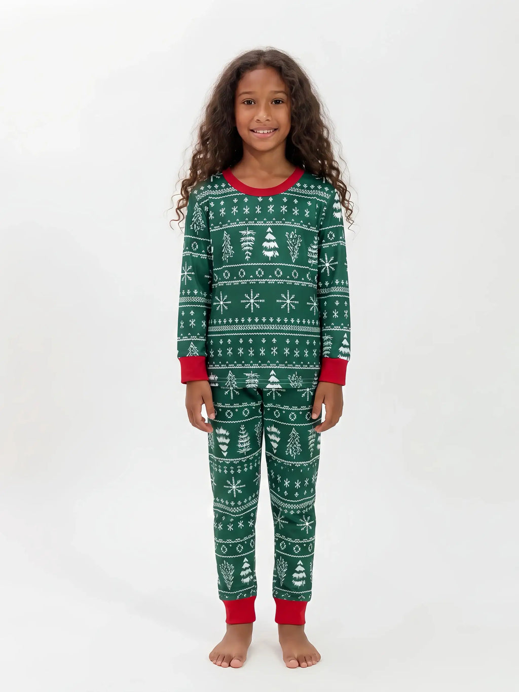 Family in matching green Fair Isle Christmas tree print pyjamas with red cuffs - view 10