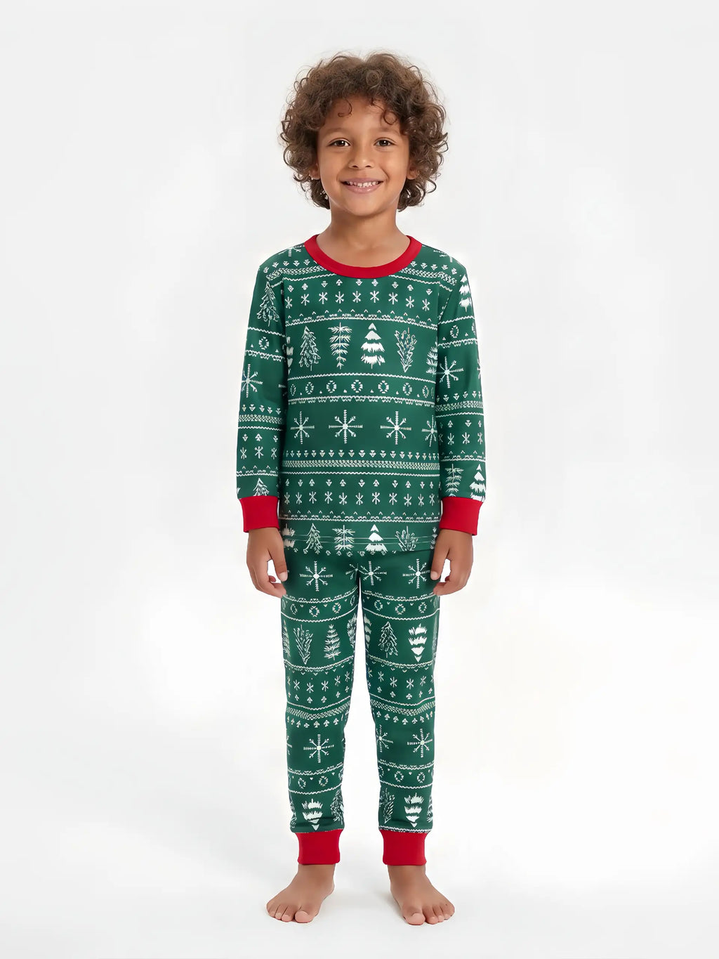 Family in matching green Fair Isle Christmas tree print pyjamas with red cuffs - view 11
