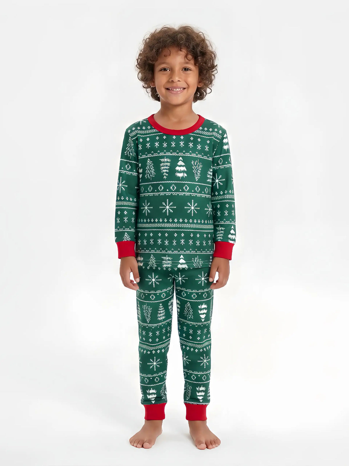 Family in matching green Fair Isle Christmas tree print pyjamas with red cuffs - view 11