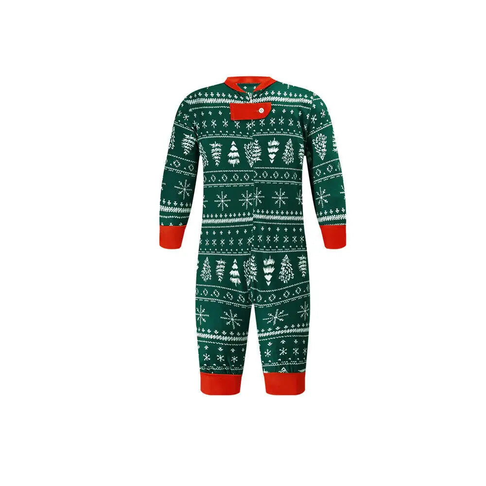 Family in matching green Fair Isle Christmas tree print pyjamas with red cuffs - view 13